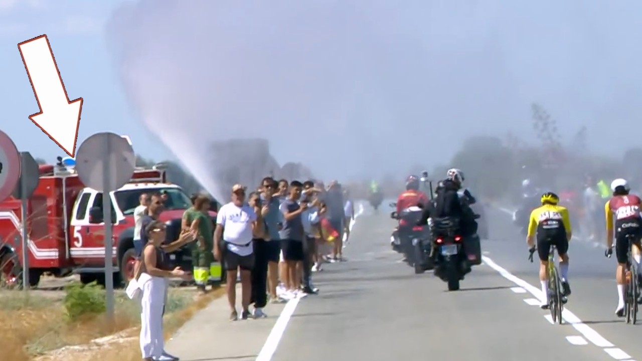 Fire Brigade Hoses Down Matthew Brennan on Fire | Vuelta a Espana 2026 Stage 17
