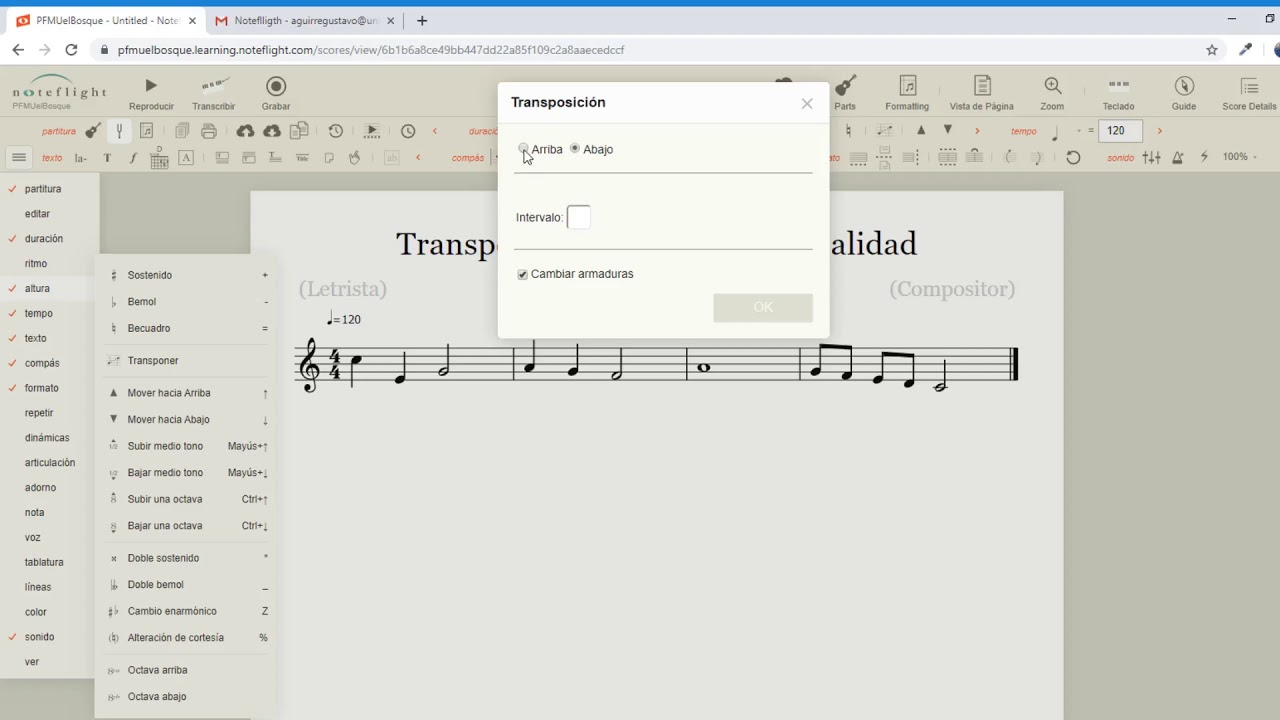 C&oacute;mo transportar una melod&iacute;a a otra tonalidad en Noteflight