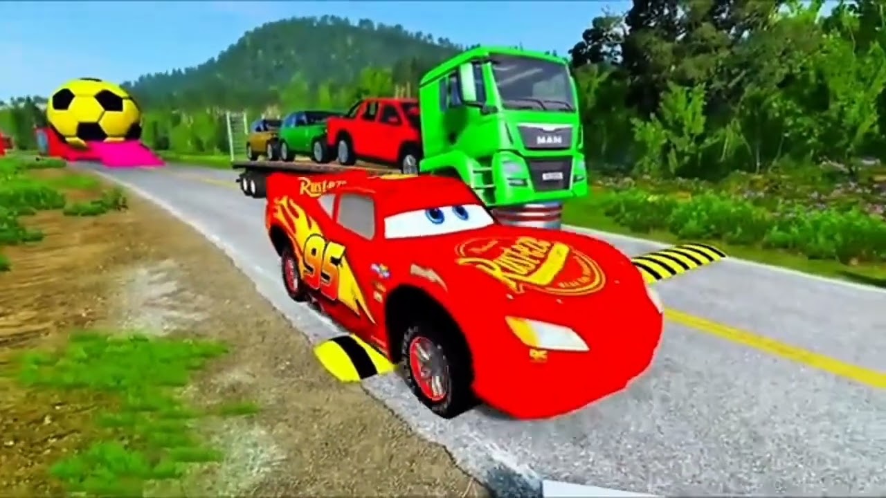 Double Flatbed Truck  / Transportation with Truck / MCQUEEN vs 7Car #21 / BeamNG Gao Drive