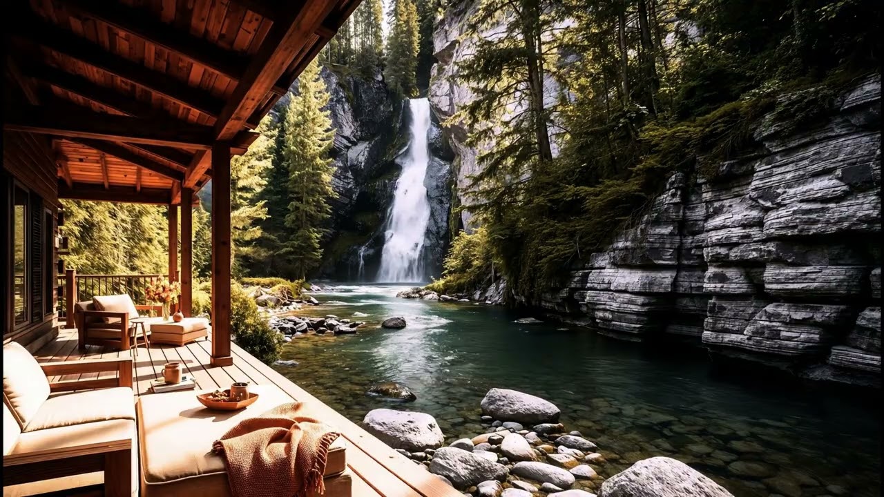 🌲Forest Waterfall Cabin Retreat | Mountain Riverside & Waterfall Ambience | 3 Hours | No Music
