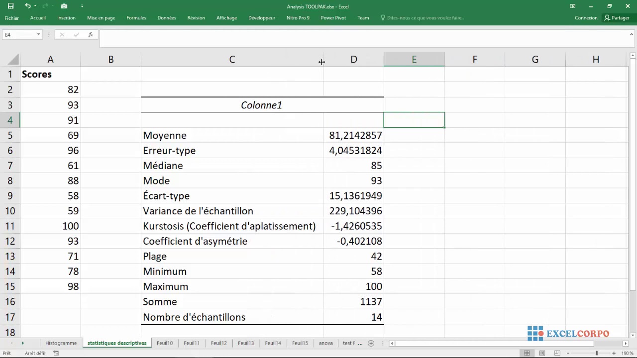 57 Statistiques descriptives avec l'utilitaire d'analyse dans Excel