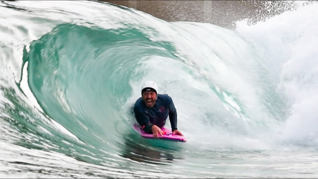 Bodyboarding Lostshore wave pool, Edinburgh, Scotland.