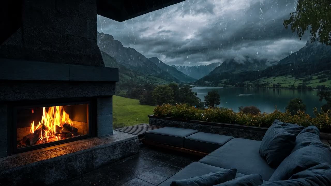 NO ADS | Cozy Rainy Balcony 🌧️🔥 Relaxing Fireplace & Thunder Rain for Deep Sleep