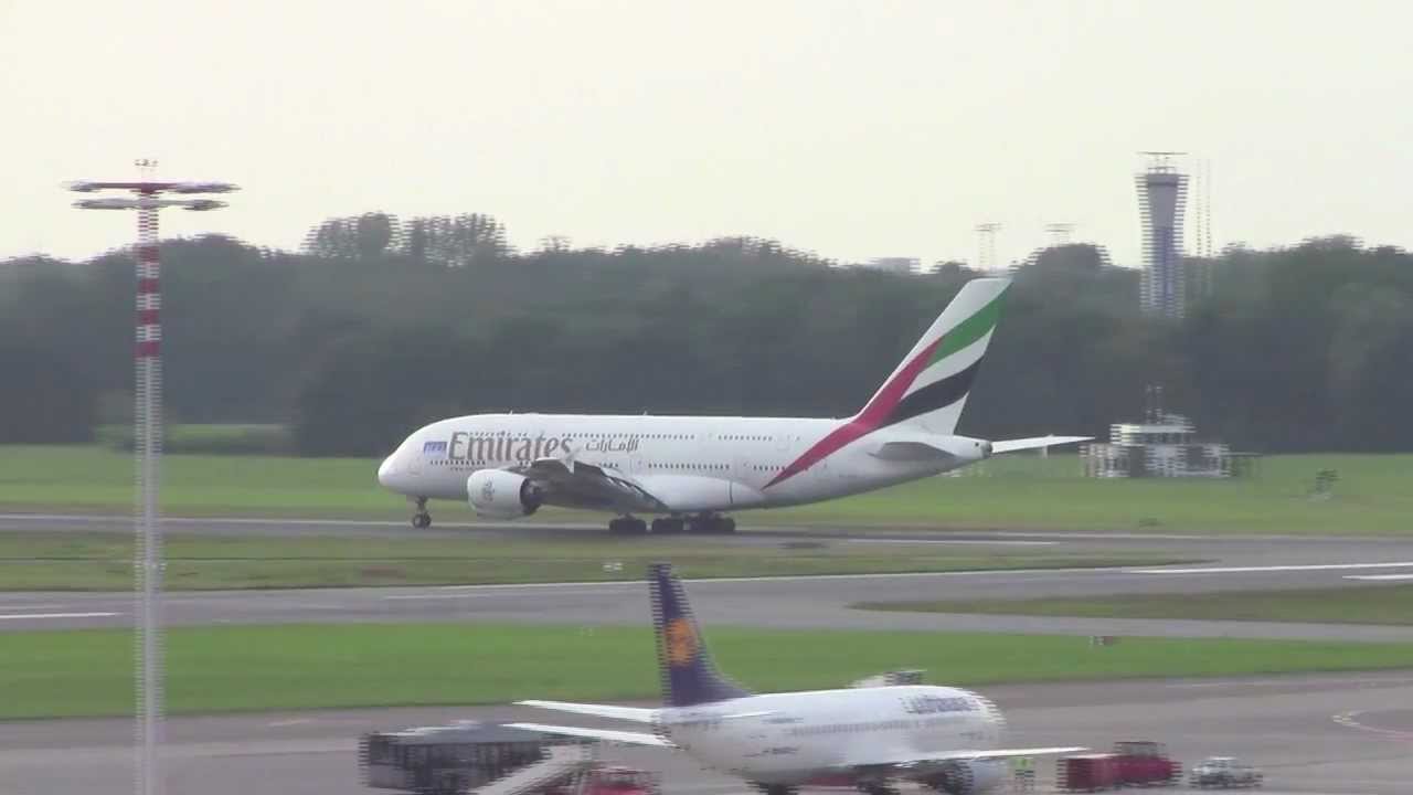 Sunset take off A380 Emirates Airlines Flughafengeburtstag Hamburg Airport.