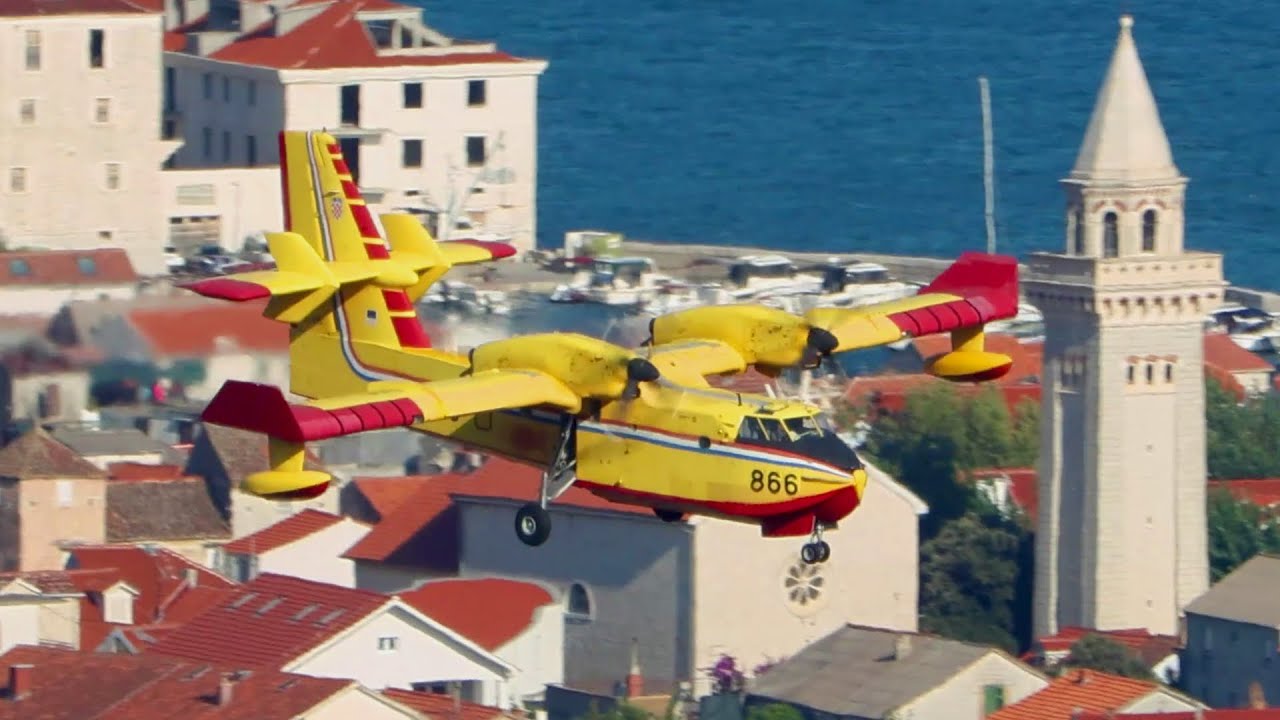 Canadair CL-415 Water Bomber - Scenic Landing and Takeoff - Split Airport SPU/LDSP