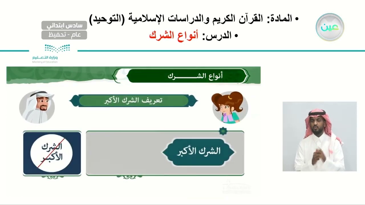 تابع أنواع الشرك - القرآن الكريم والدراسات الإسلامية - سادس ابتدائي