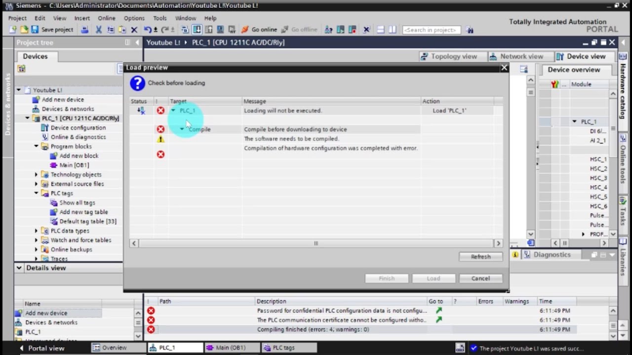 Error 1: Solving TIA Portal error dowloading to module (compiling and PLC_1/PLCSIM)