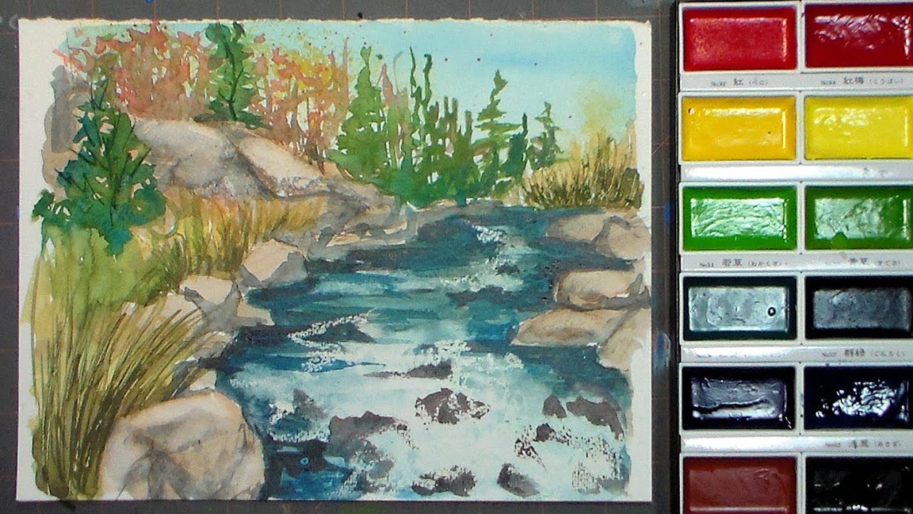 Rocky Stream Painting with Gansai Tambi Watercolors