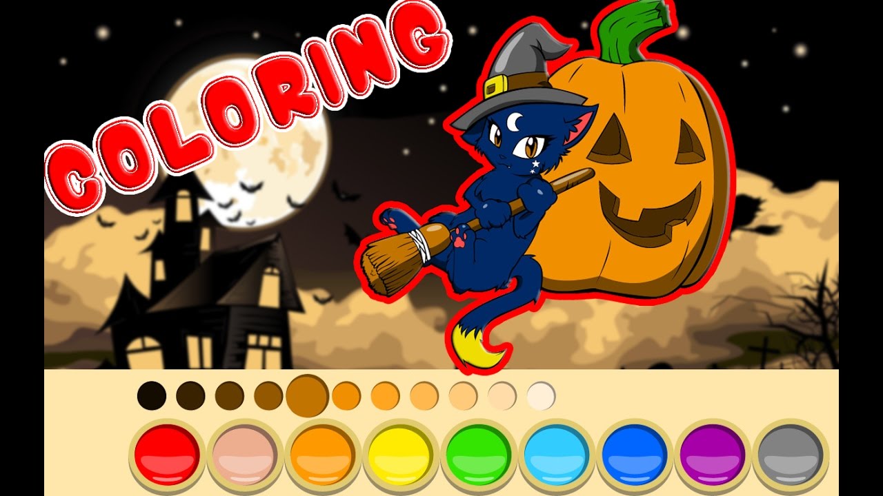 Halloween. Learn to colors with halloween witch cat. New funny cat coloring pages.
