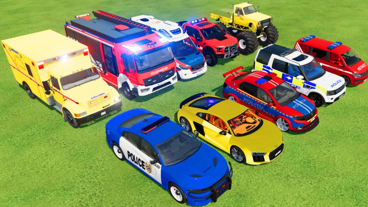 TRANSPORTING CARS, AMBULANCE, POLICE CARS, FIRE TRUCK, MONSTER TRUCK OF COLORS! WITH TRUCKS! - FS 22
