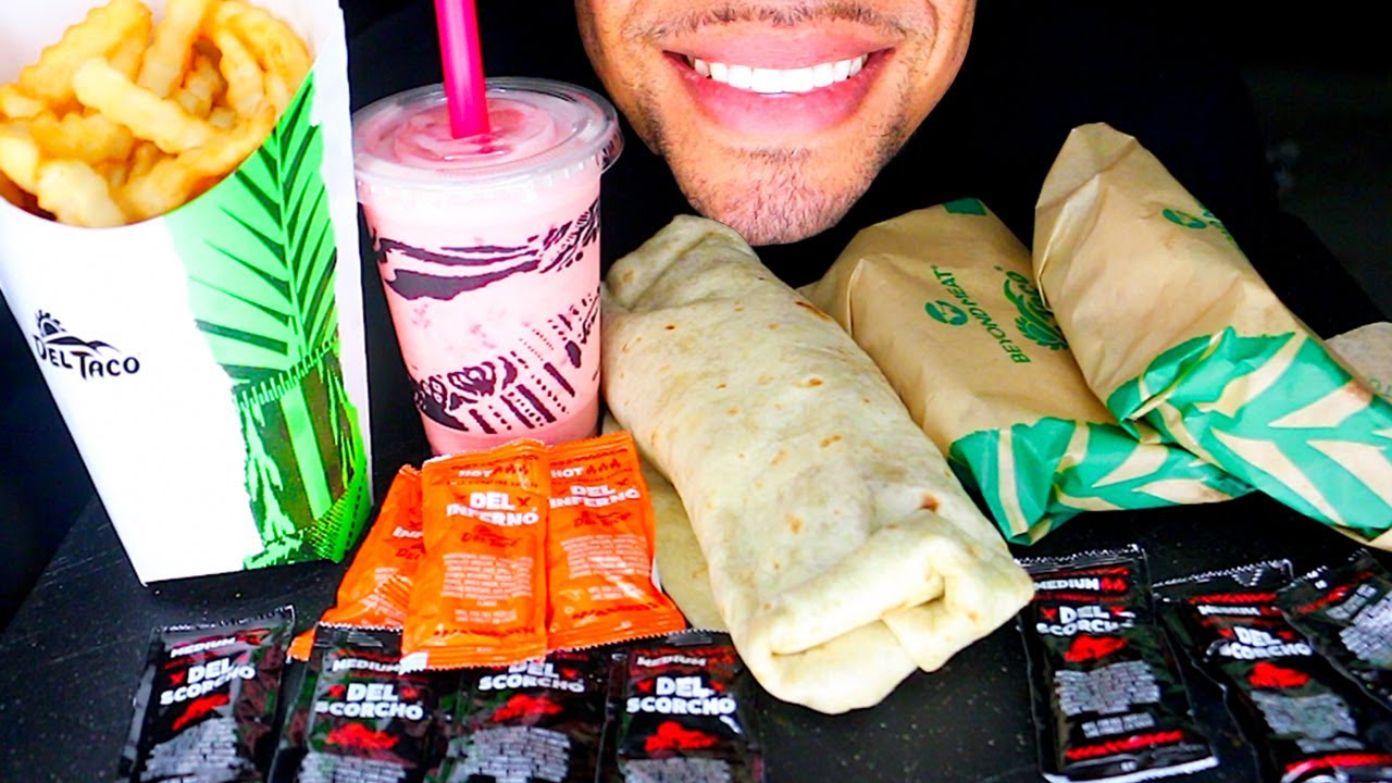 ASMR DEL TACO FRESH AVOCADO BEYOND MEAT VEGAN MUKBANG MILKSHAKE QUESO LOADED CHEESE FRIES JERRY EAT