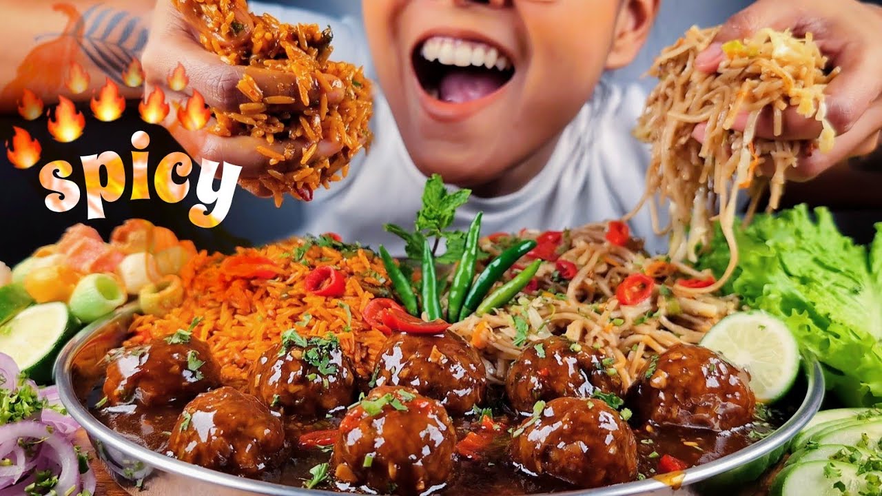COOKING & EATING RESTAURANT STYLE VEG MANCHURIAN, VEG SCHEZWAN FRIED RICE, VEG HAKKA NOODLE MUKBANG