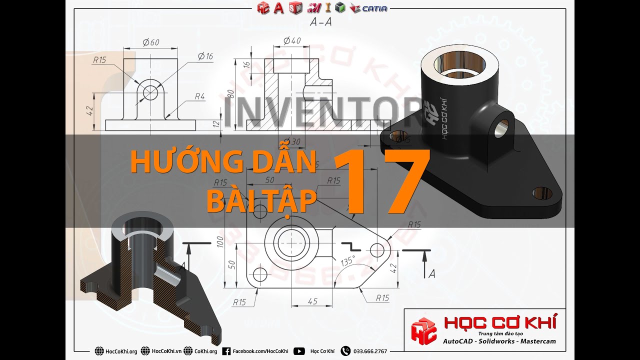 [hoccokhi] Hướng dẫn vẽ bài tập số 17 | Bài tập Inventor