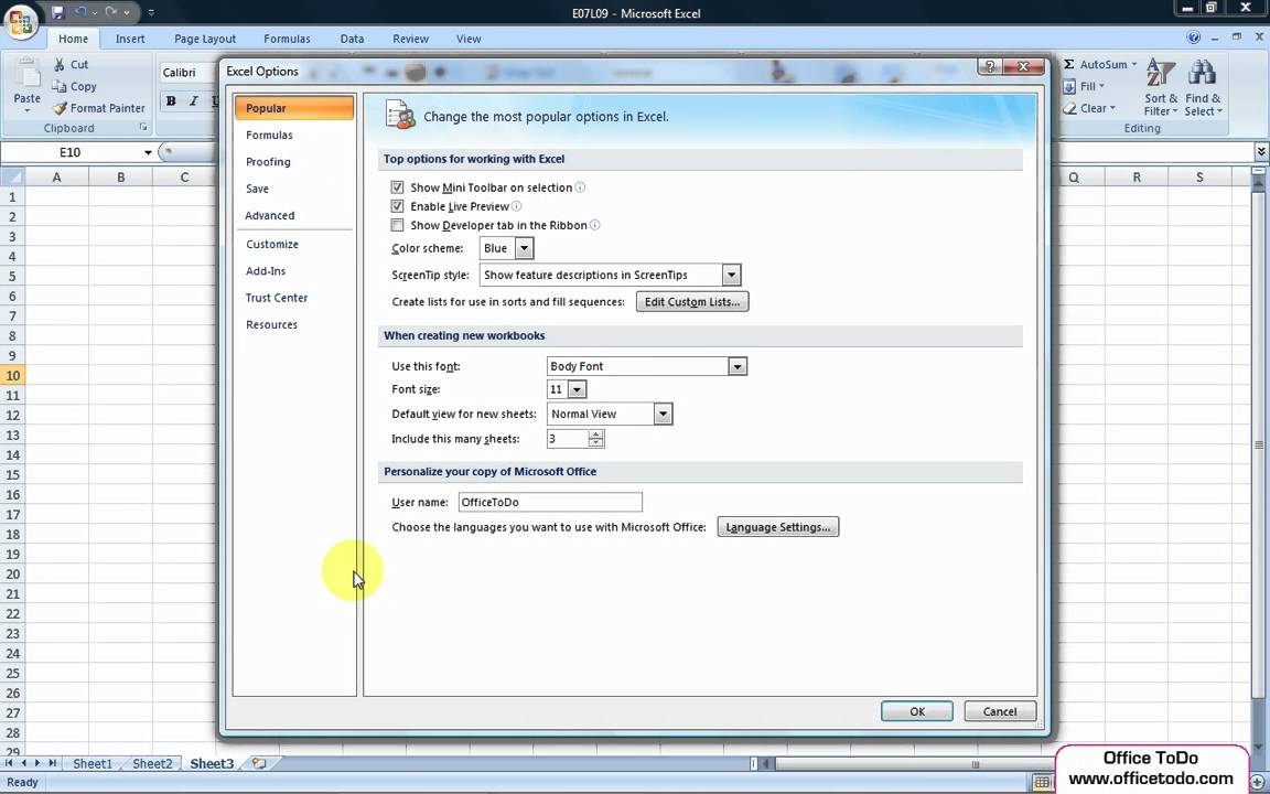 How to change the default settings of an Excel workbook? | Excel 2007