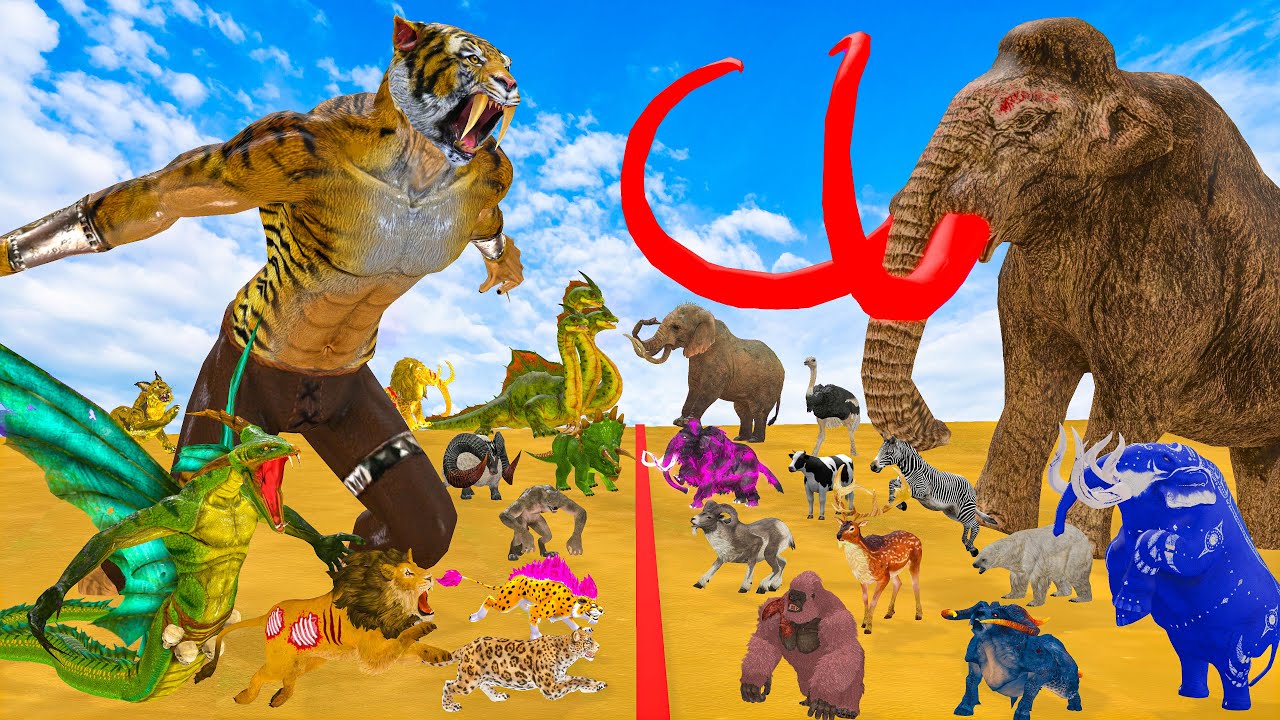 Prehistoric animals fighting mammoths and lions - Epic battle - Animal uprising - Battle simulation