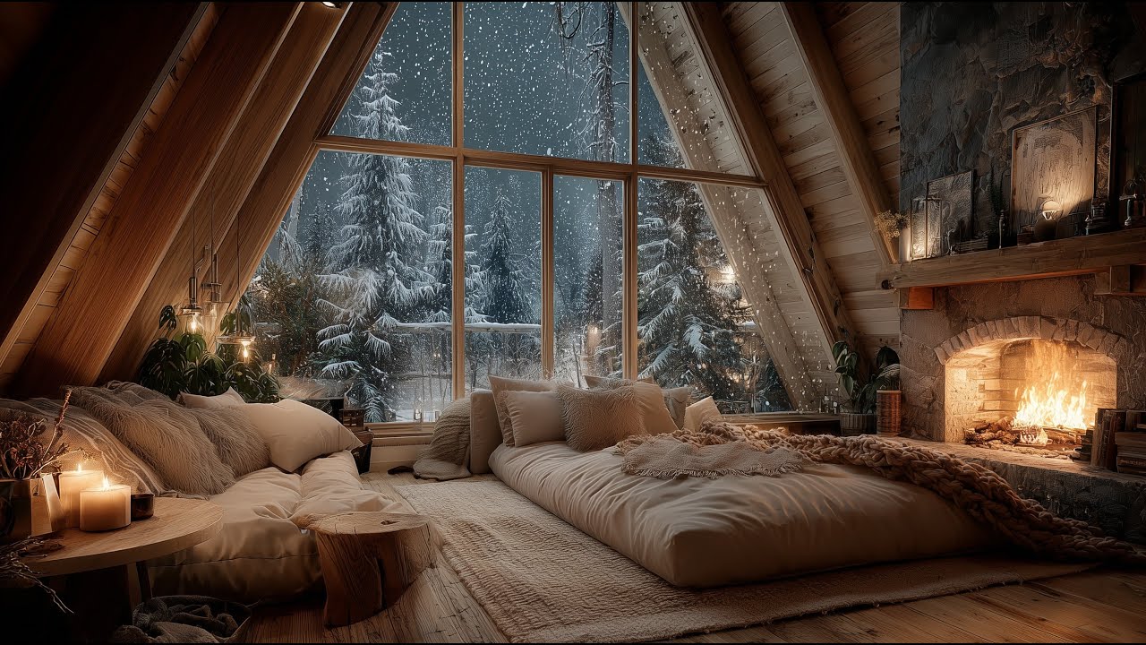 Cozy Fireplace Night ❄️ Crackling Fire & Gentle Snow | Relax, Sleep, Focus (10 Hours)