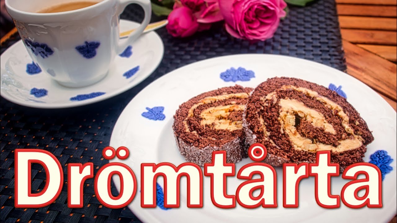 Drömtårta - rulltårta med choklad och fylld med fransk smörkräm och krokant