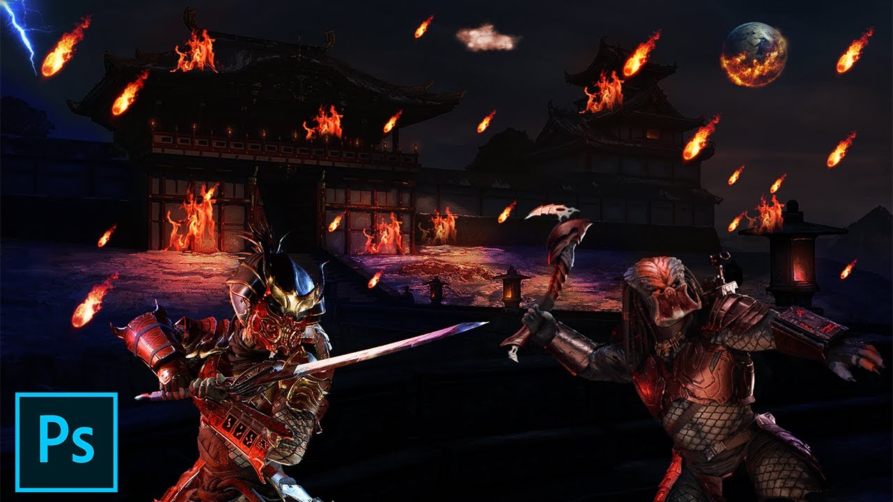 Fire Rain With Samurai Fight In Photoshop | Photoshop Tutorial|Manipulation|Glowing |  Colour Arts98