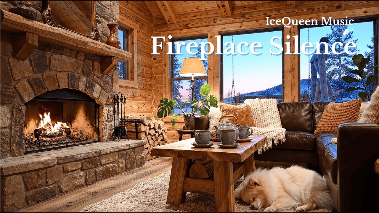 Cozy Winter Cabin Bedroom, Twilight Tea Set & Fireplace Glow, for Relaxing, Reading, and Deep Sleep