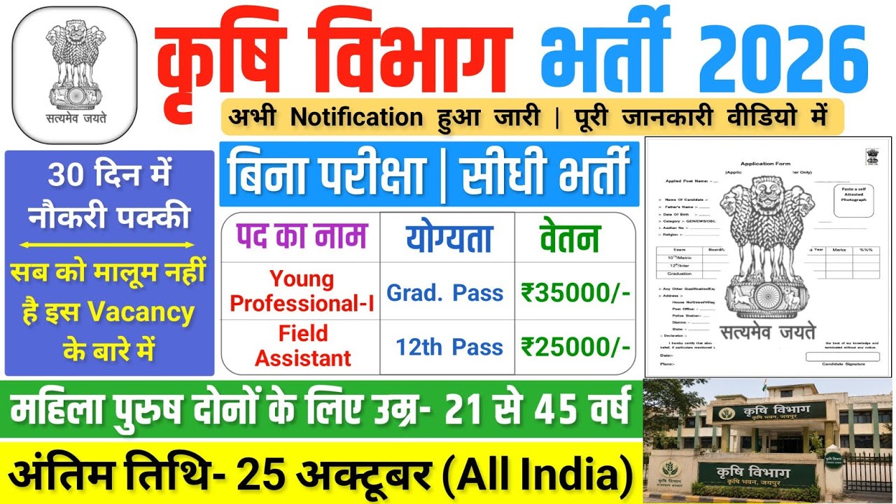 कृषि विभाग भर्ती, Salary- 40000 | Agriculture Recruitment 2026 | Government Job Vacancy 2026 