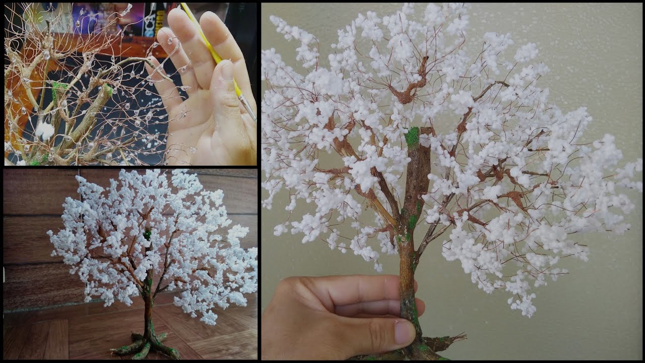 artesanato - cerejeira japonesa pat -2 com flores de isopor # fio de cabo elétrico , cola de isopor