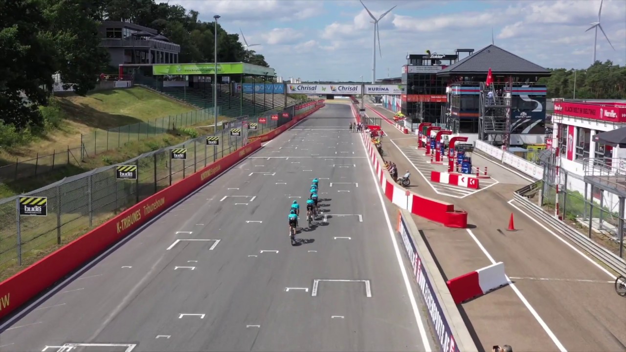 Pro Cycling Team training on F1 circuit Zolder. Video from drone.