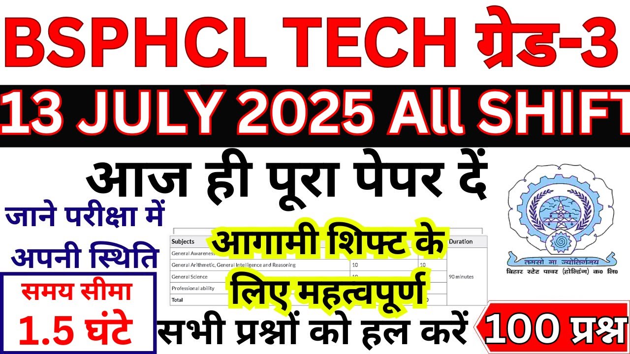 BSPHCL Technician Grade 3 13 july 2025  exam analysis | BSPHCL Technician Grade 3 13 july exam revie