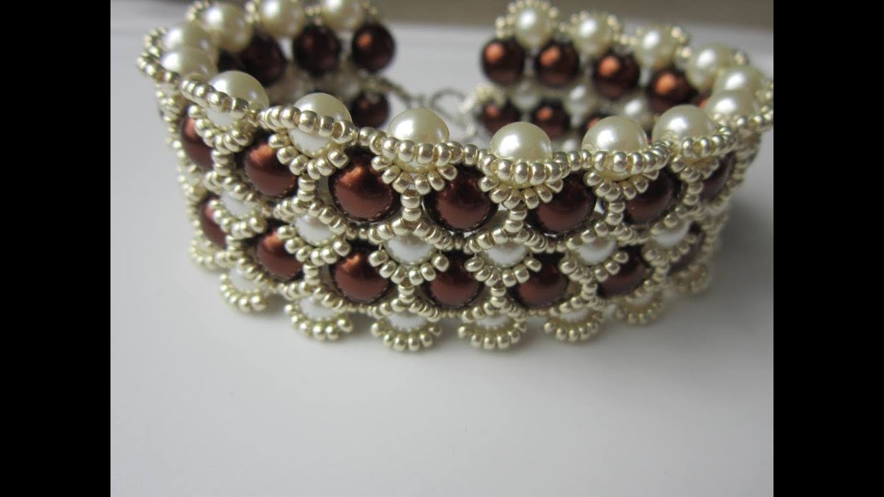 Beaded Bracelet with 8mm and 6mm Glass Pearl  . Бисерный Браслет из 8мм и 6мм жемчуга