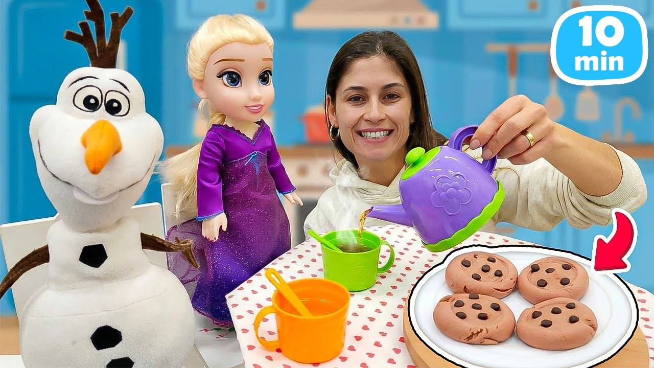 Elsa ve Olaf ile yemek yapıyoruz: meyve çayı, elmalı kurabiye ve dondurmalı waffle! Çocuk oyunları.