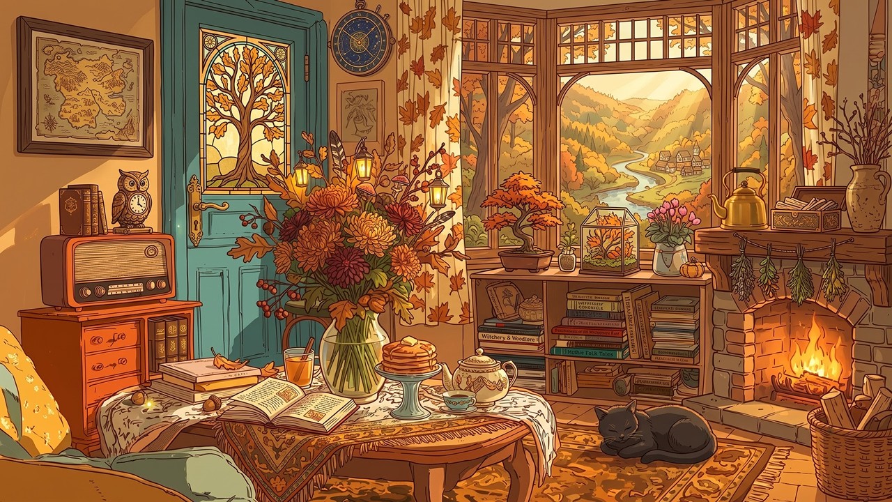 a peaceful autumn morning in a cozy cabin | 1950s vintage oldies playing in another room