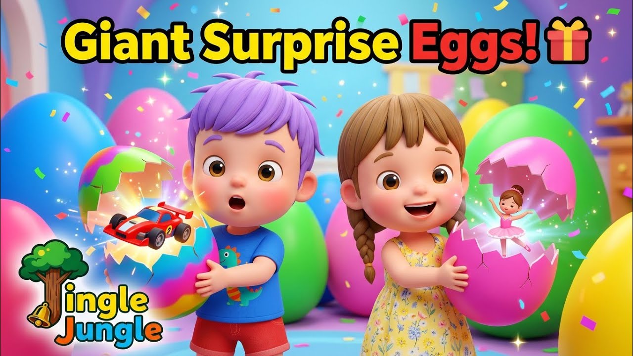 Giant Surprise Eggs Adventure ! 🚗 Toy Cars, Dolls & Building Blocks | Jingle Jungle Nursery Rhymes 