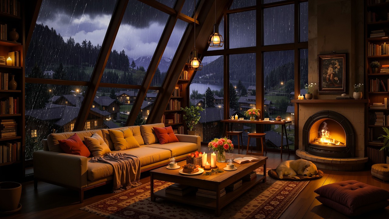 🌧️ Rainy Window Jazz 🔥 Warm Cabin Fireplace Ambience for Focus & Relax at Night