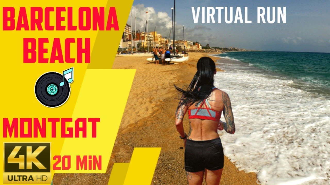 🏖️🎧БЕГ НА ПЛЯЖЕ видео с МУЗЫКОЙ | Виртуальный забег на пляже Монгат, Барселона, Испания