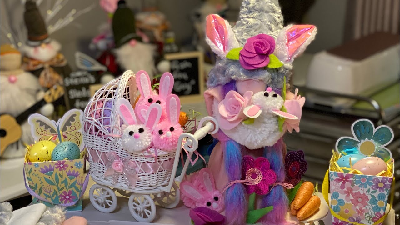 Dollar Tree Gnome DIY “Bunnies Overload”part 1. Little Girl Easter Gnome w/her Bunnies in a stroller
