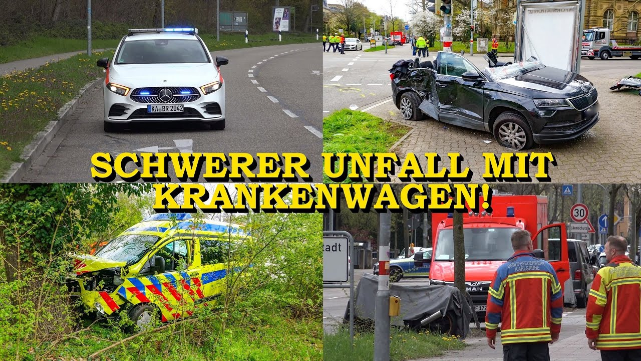 [SCHWERER UNFALL MIT KRANKENWAGEN] - KTW prallt nach KOLLISION mit AUTO gegen BAUM - | KARLSRUHE