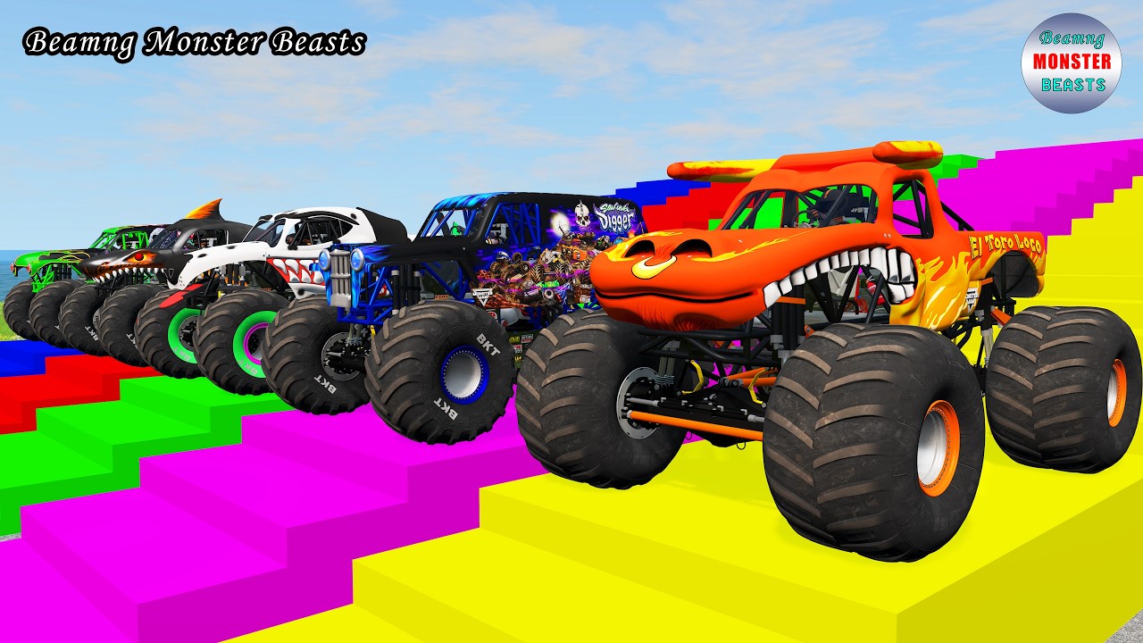 Monster Truck Transport on Triple Flatbed Trailer &ndash; BeamNG Monster Beasts #280