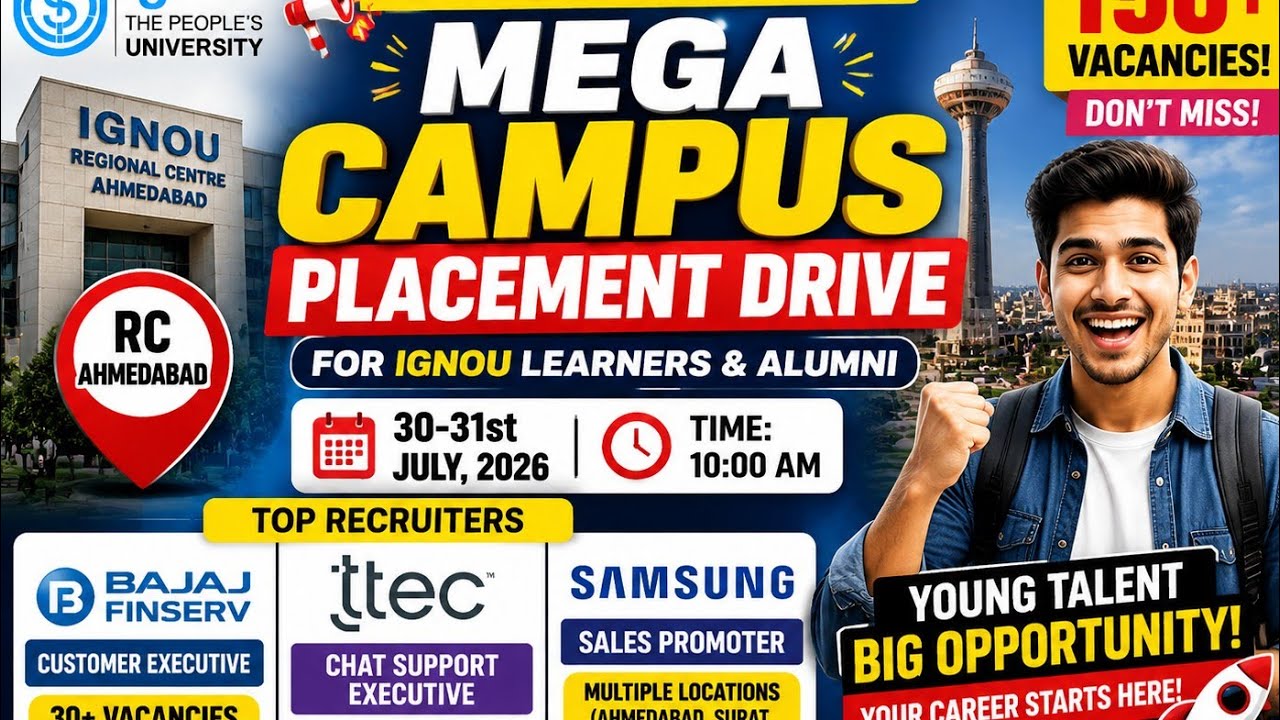IGNOU Mega Campus Placement Drive 2026 | Ahmedabad | 150+ Vacancies | Bajaj Finserv, TTEC & Samsung