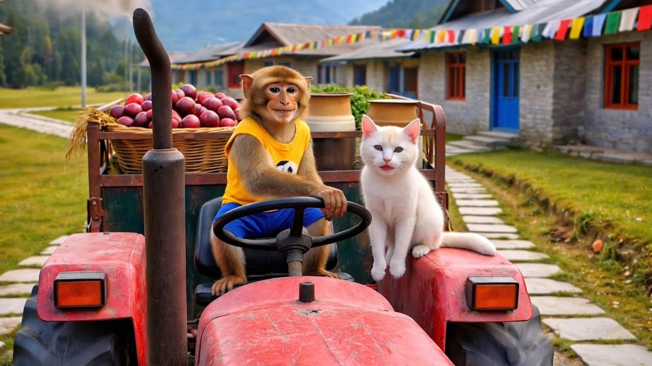 Monkey & White Cat Mountain Adventure | Tractor Ride, Rocket Rescue & Happy Ending 🐒🐱🚀