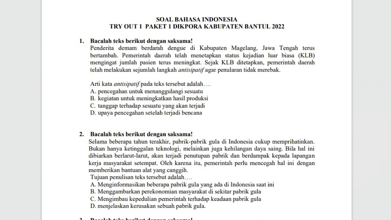 BAHAS TUNTAS TO ASPD DIKPORA BANTUL | Bahasa Indonesia Paket 1 No 1-20