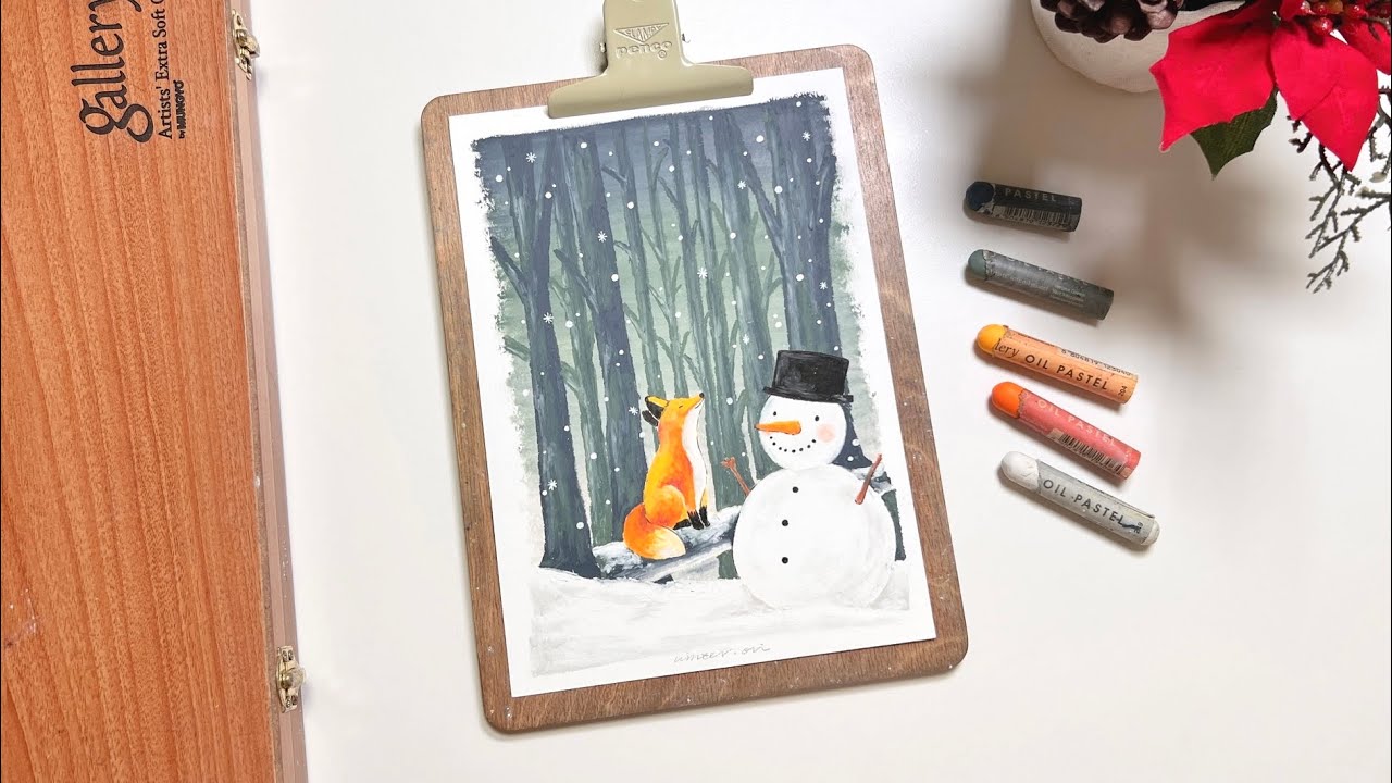 오일파스텔로 눈 내리는 겨울 숲 그리기🦊❄️ | Oil pastel Drawing for beginner