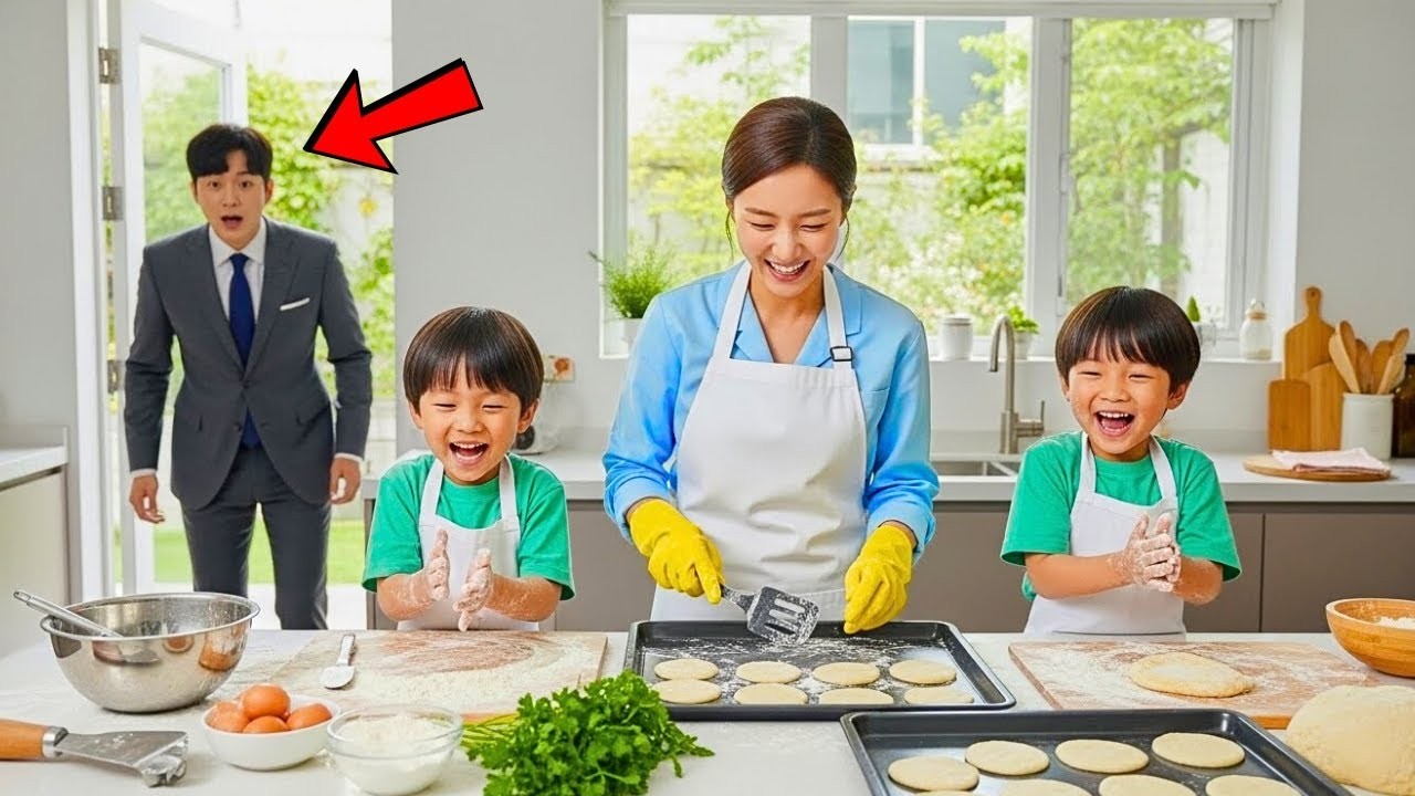 재벌은 집에 더 일찍 도착했다  그리고 부엌에서 청소부가 자신의 쌍둥이 아이들과 함께 있는 모습을 보자 거의 기절할 뻔했다