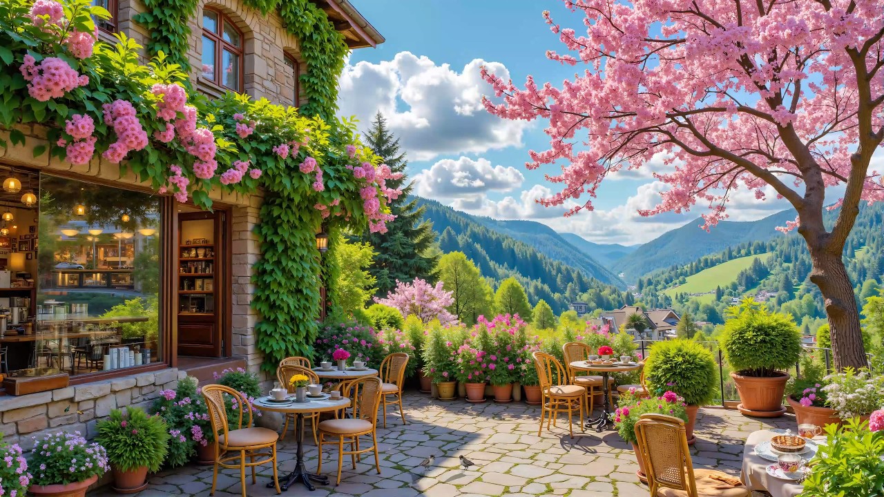 Beautiful Spring Highland Cafe ☁️🌿Gentle Piano And Nature Sound For Working, Relaxing