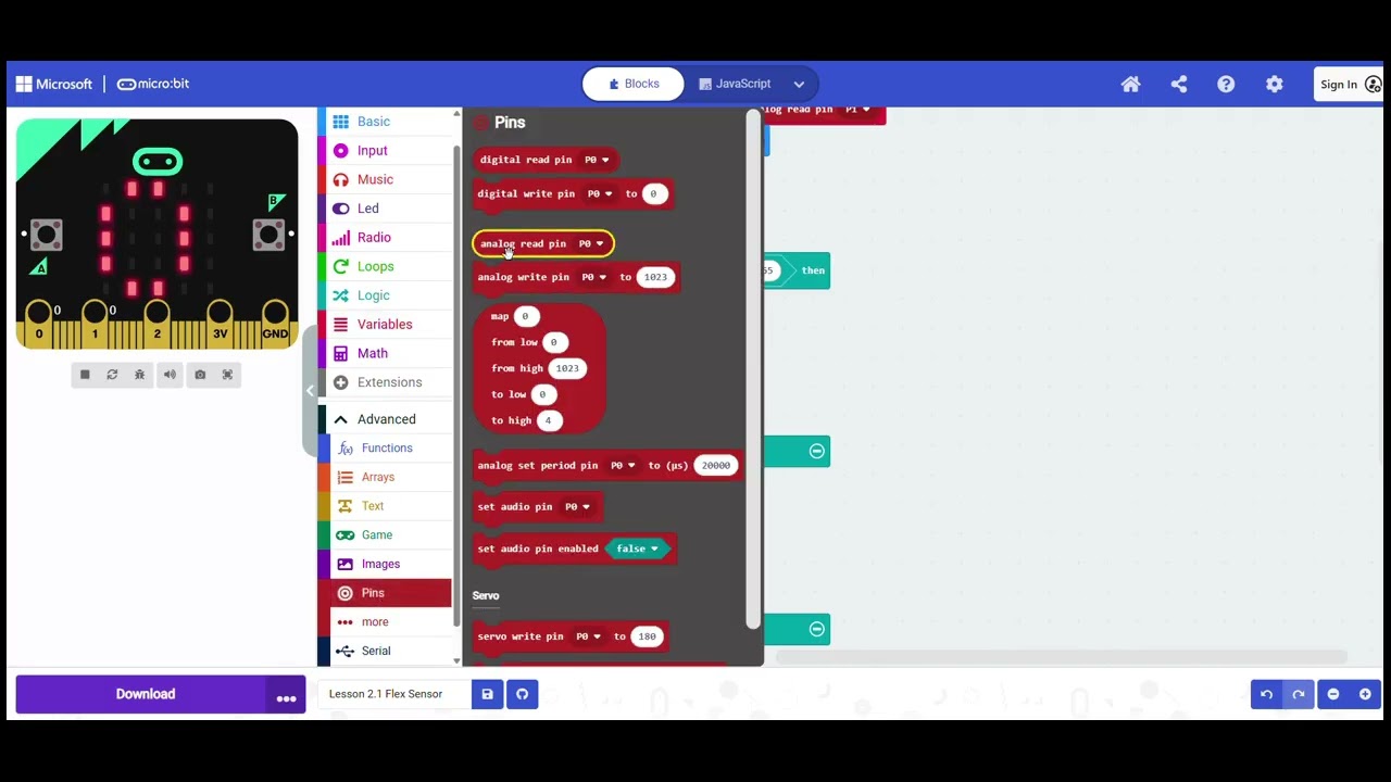 Lesson 2.1 Flex Sensor Make Code Microbit