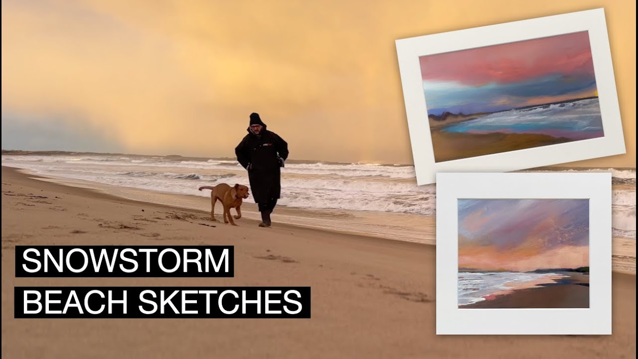 2 зимних пляжных зарисовки акрилом, залив Друридж, Нортумберленд