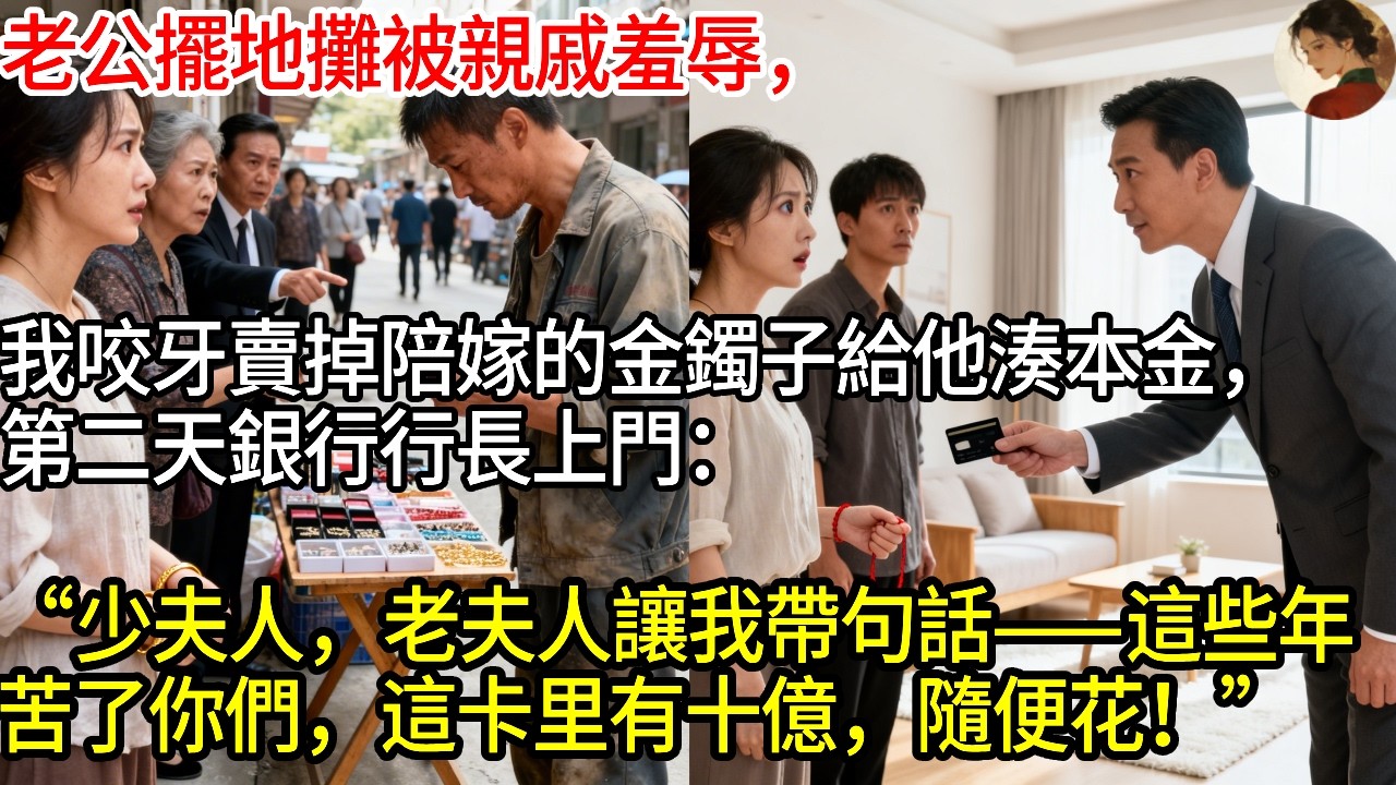 老公擺地攤被親戚羞辱，我咬牙賣掉陪嫁的金鐲子給他湊本金，第二天銀行行長上門：“少夫人，老夫人讓我帶句話——這些年苦了你們，這卡里有十億，隨便花！”#玖玖講故事#現代愛情#女性主角#為人處世#生活經驗