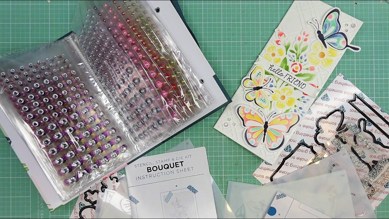 Diamond Press Flutter & Bouquet Stencils, Stamps & Dies Sets Review Tutorial ft. Faux Gems/Pearls!