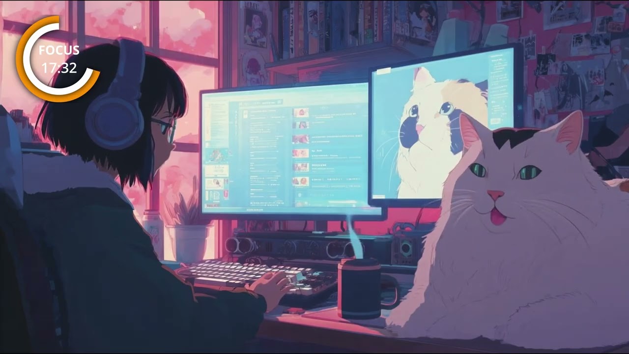 Lofi Study Room 4K | Cozy Evening Desk With White Cat | Pomodoro Timer for Deep Focus (25/5)