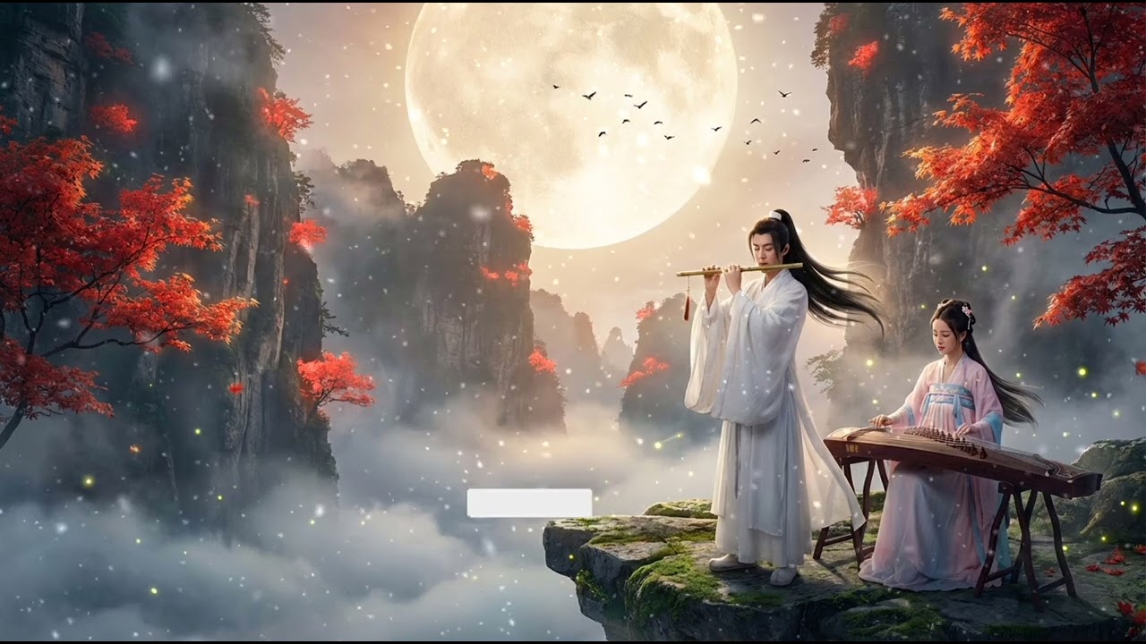 Creating music of bamboo flute Chinese guita Cute Girl Flute music