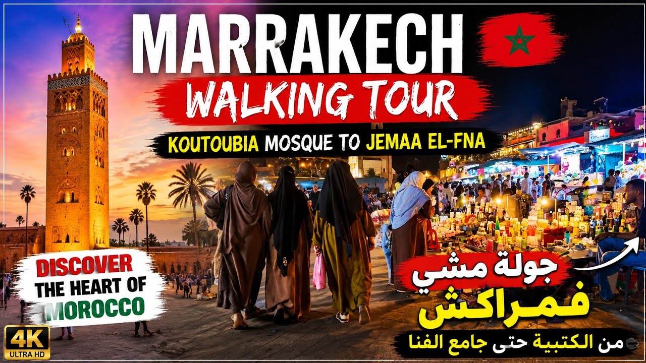 MARRAKECH WALKING TOUR 🇲🇦 | Koutoubia Mosque to Jemaa el-Fna | Morocco 4K