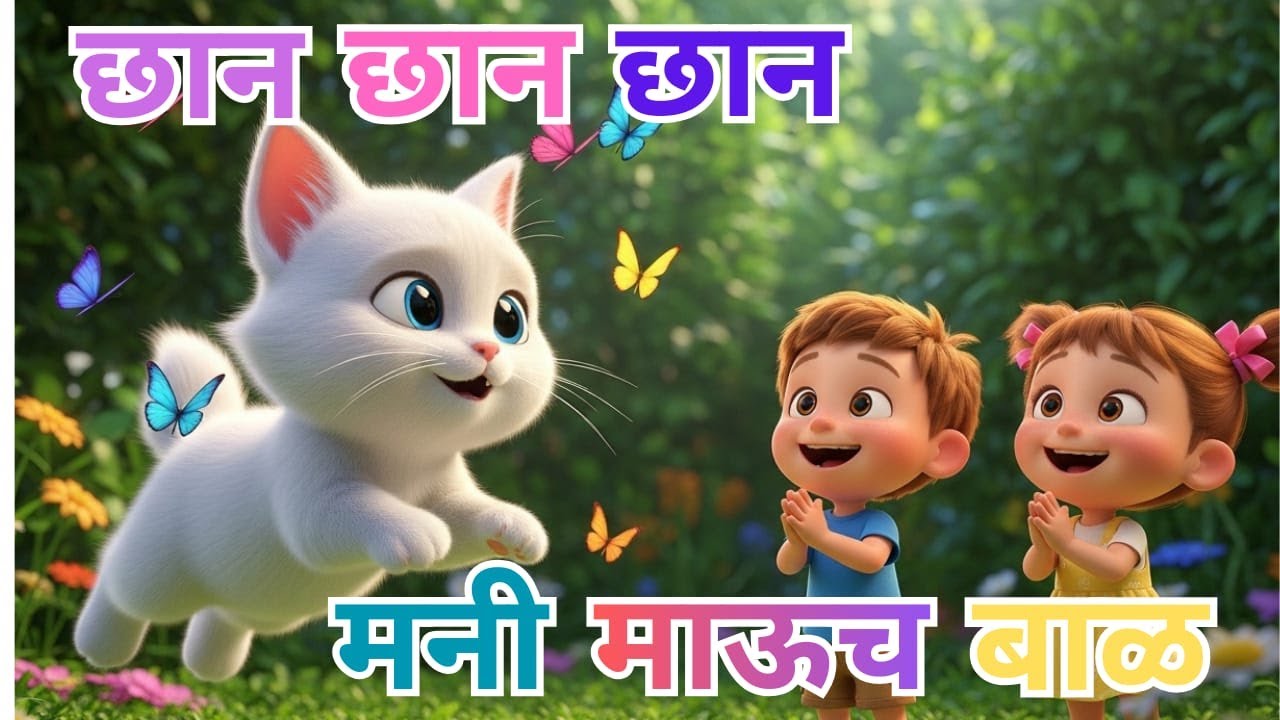 छान छान छान मणी माऊचं बाळ 🐱 | Cute White Cat Kids Rhyme | Marathi Balgeet |Happy Balgeet